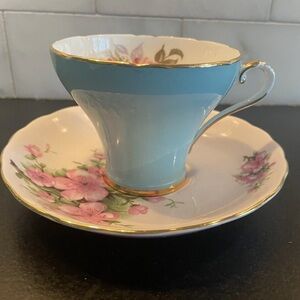 Vintage Aynsley Cup corset shape and Saucer turquoise cabbage rose pattern